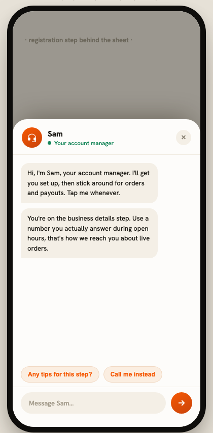 Sam, the ETNOWE 24/7 AI account manager, in the Release 5 merchant app